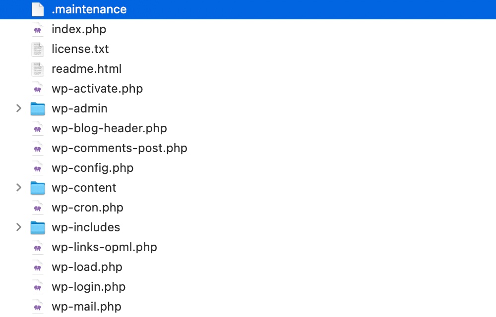 Screenshot showing .maintenance file location in WordPress root directory